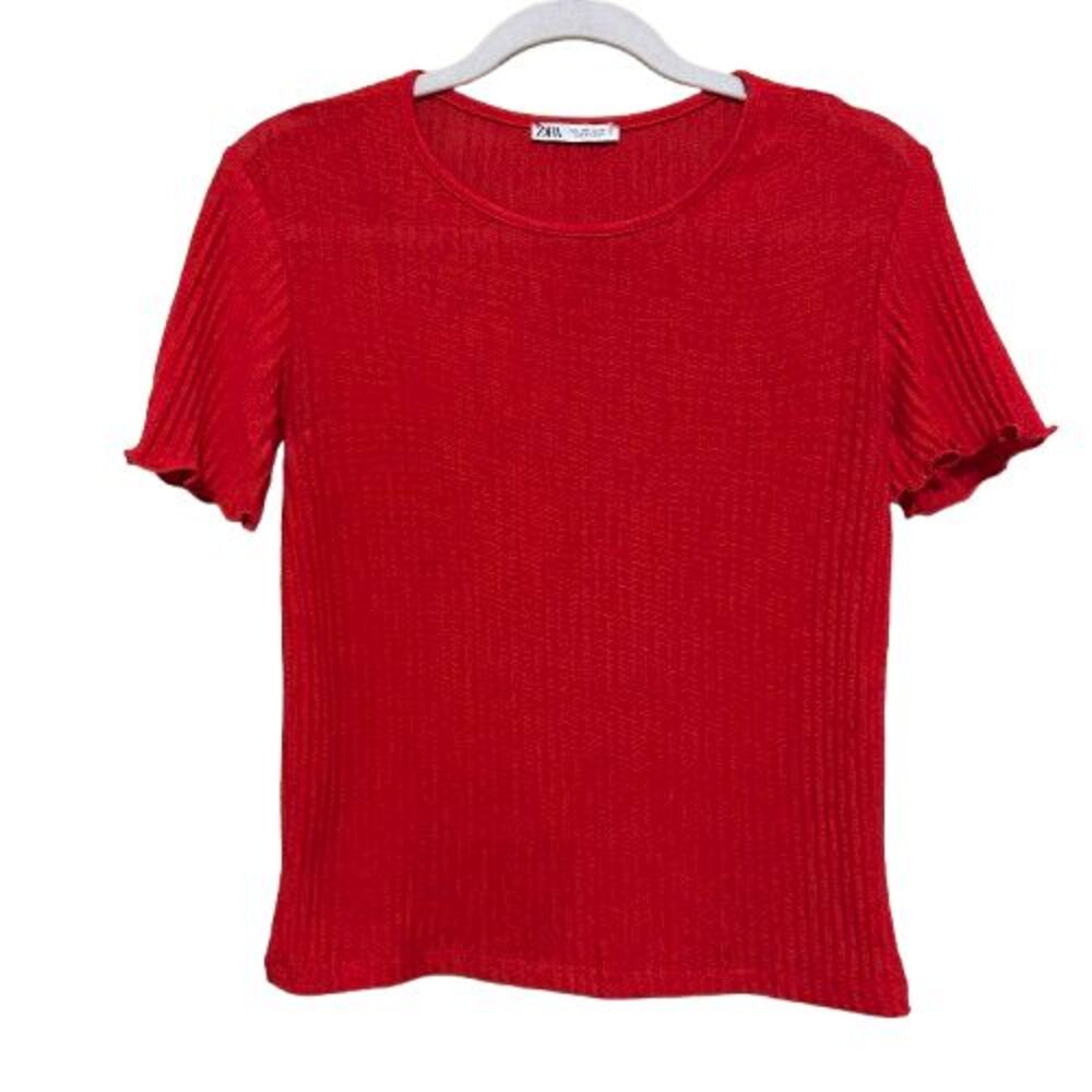 Zara Short Sleeve Ribbed Lettuce Hem Sleeve Top Womens Large Red Stretchy Knit